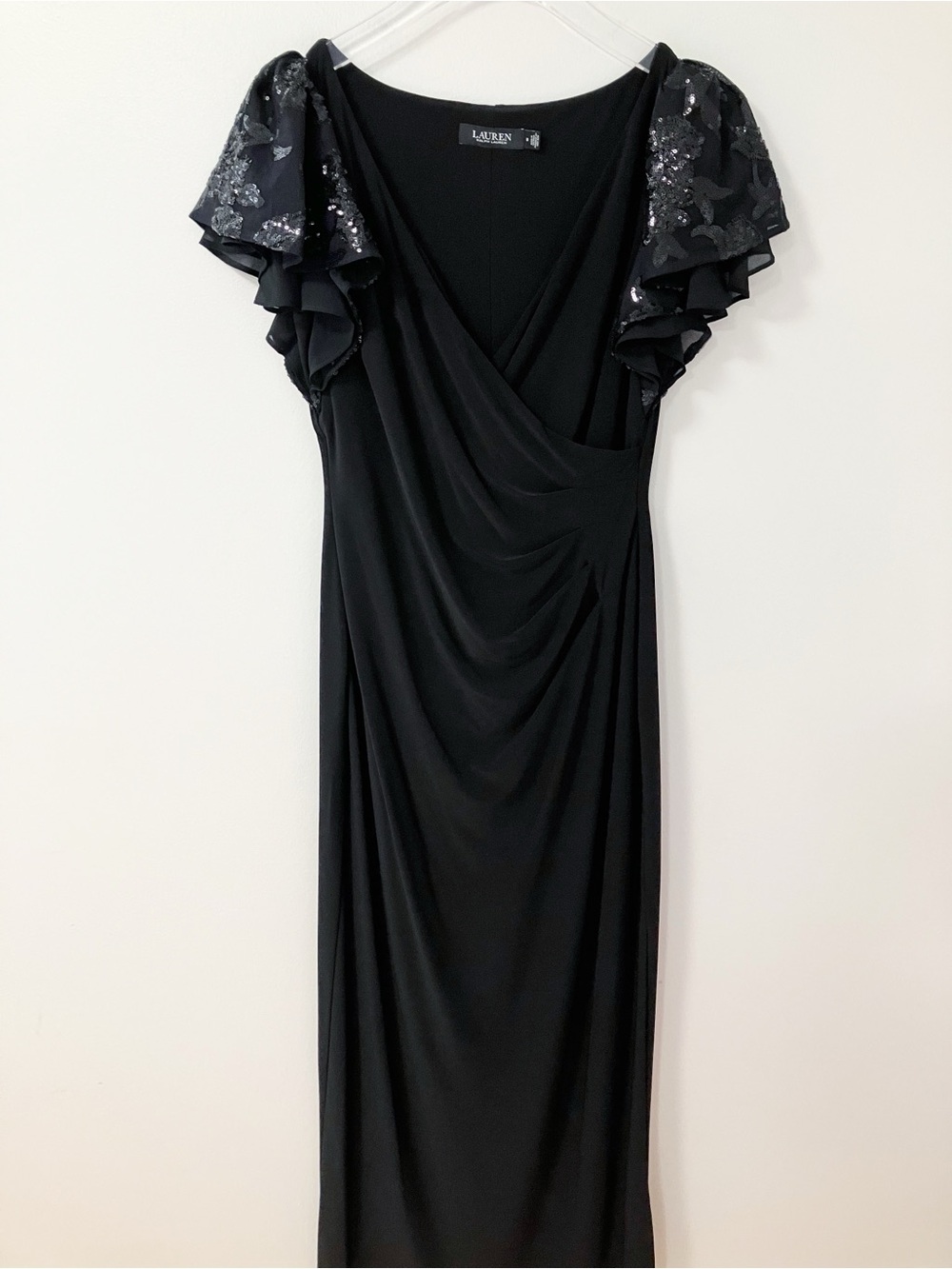 Lauren Ralph Lauren | Black Jersey Flutter Sequin Dress 8 Cocktail Elegant Maxi